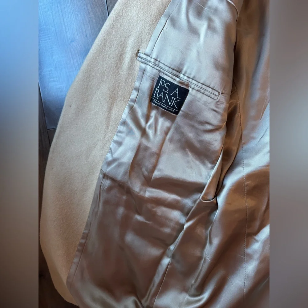 VTG Jos A Bank Camel Hair Coat Mens 43R Tan Wool Overcoat Classic Flawed